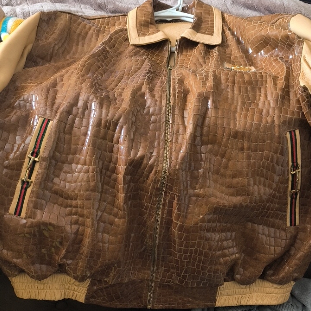 Brown Crocodile Pattern Bomber Jacket - image 1